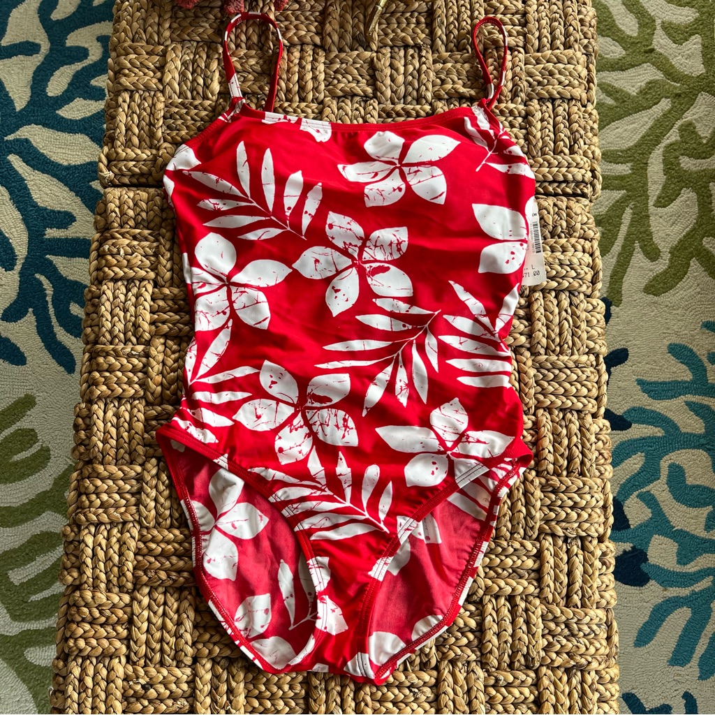 Jag One Piece Red & White Tropical Print Suit. L